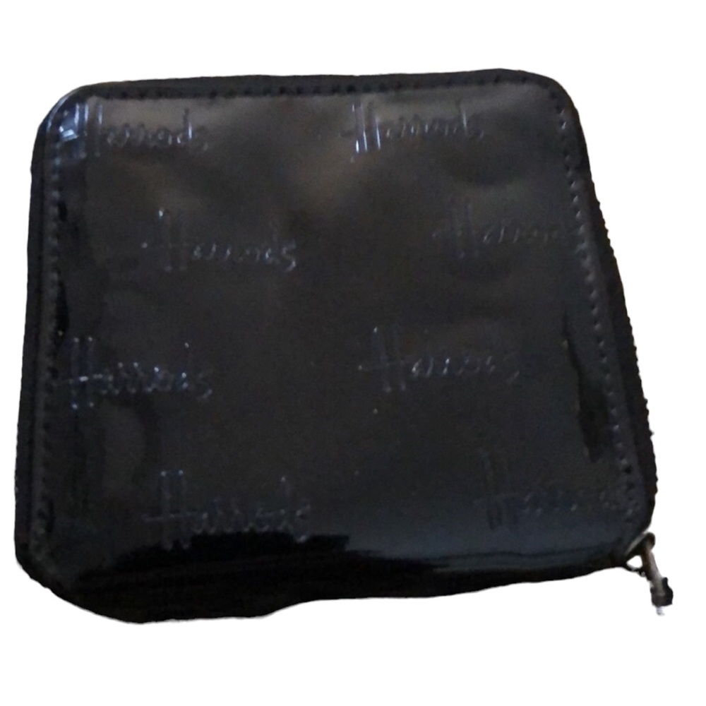 Harrods Black patent leather 4” square zip around wallet / card case unisex